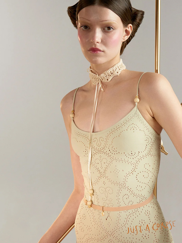 JAC_EYELET LACE seamless camisole leotard-グリーンティー